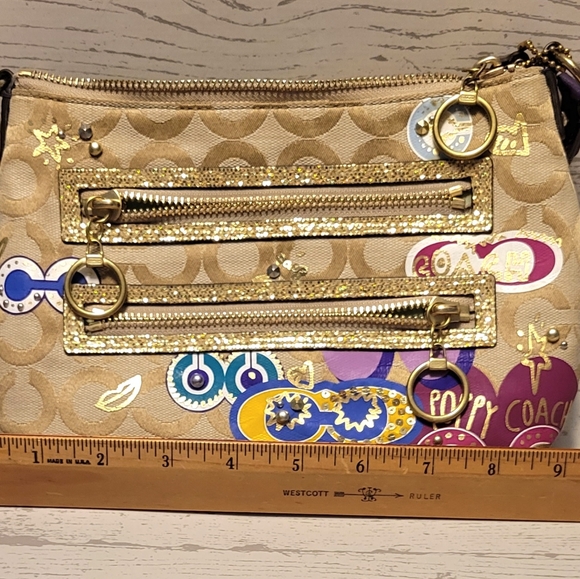 Coach Poppy Purse Gold Egglant/Glitter strap Mint Green interior - Picture 3 of 6